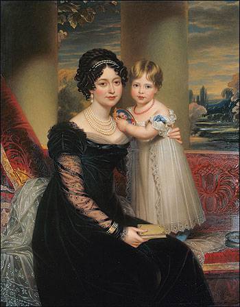 La duchesse de Kent et sa fille, Victoria (qui tient un portrait du défunt duc de Kent) par Henry Bone, en 1824