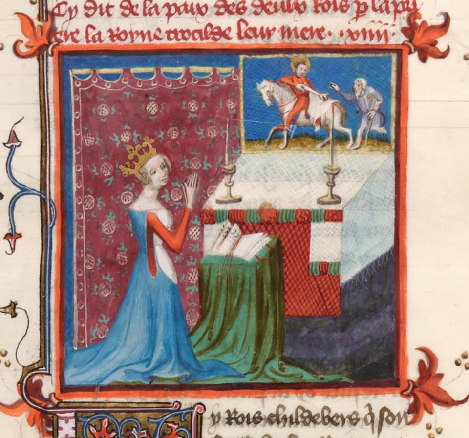 Clotilde invoquant Saint Martin (enluminure "Les grandes Chroniques de France", XVe siècle)