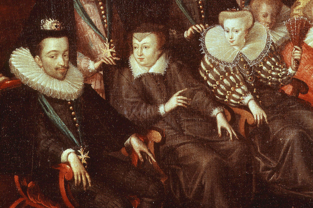 Henri III, Catherine de Médicis et Louise de Lorraine (détail du tableau représentant le mariage du duc de Joyeuse), par l'Ecole française, XVIe siècle