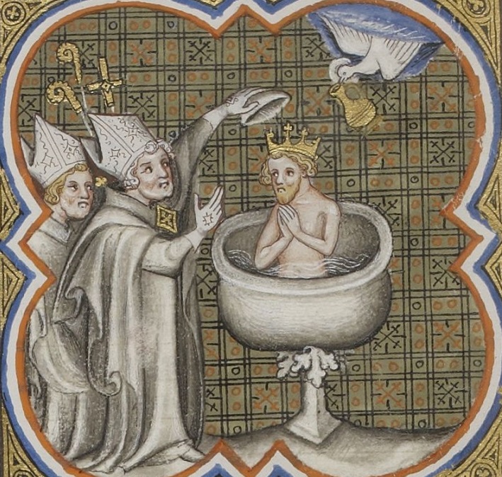 Le baptême de Clovis par Saint Remy, évêque de Reims (enluminure "Les grandes Chroniques de France", XIVe siècle)