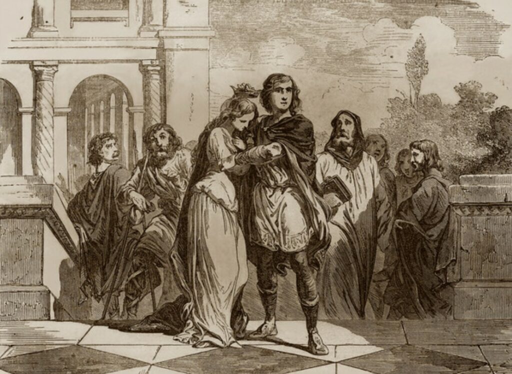 Clovis II présentant Bathilde comme son épouse (lithographie de 1866)