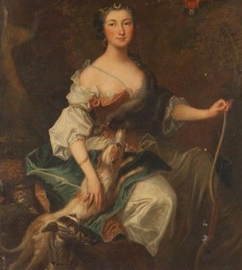 "Jeune femme en Diane et ses chiens" (la duchesse de Choiseul ?) par l'atelier de Jean-Baptiste Oudry (XVIIIe siècle)