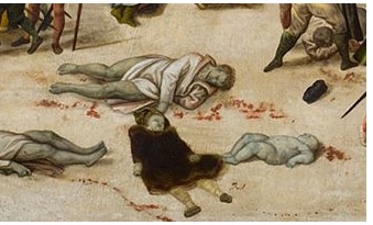 Détail du tableau représentant des protestants assassinés, vêtus de noir ou en chemise de nuit