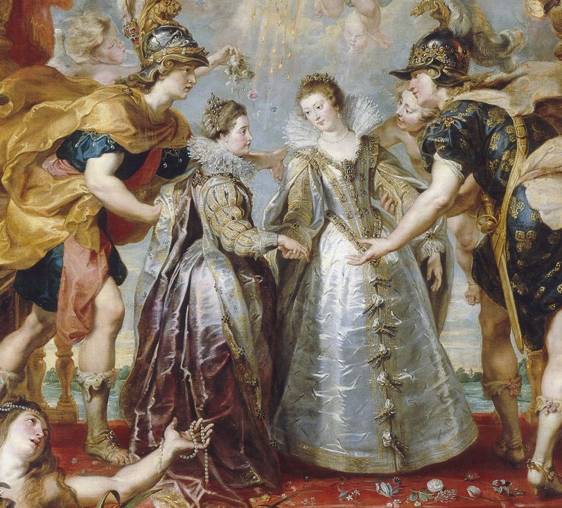 Détail du tableau de Pierre-Paul Rubens, "L’échange des deux princesses" (1622) : Elisabeth est à gauche, et porte déjà la collerette espagnole.