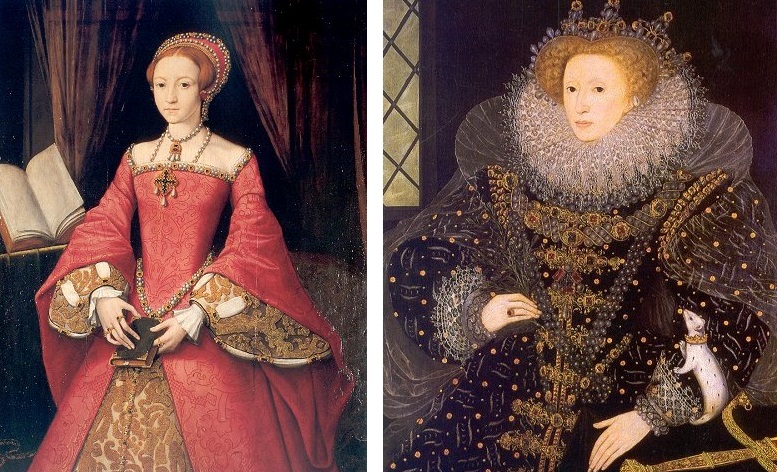 La princesse Elisabeth Tudor âgée de 13 ans (anonyme, 1546) et Elisabeth Ire, par William Segar (1585)