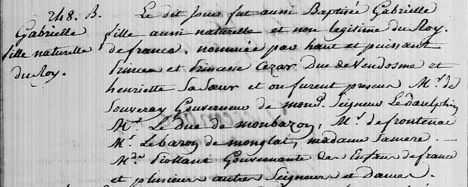 Acte de baptême de Gabrielle de Verneuil (archives départementales des Yvelines, commune de Saint-Germain-en-Laye, Cote 1168916)