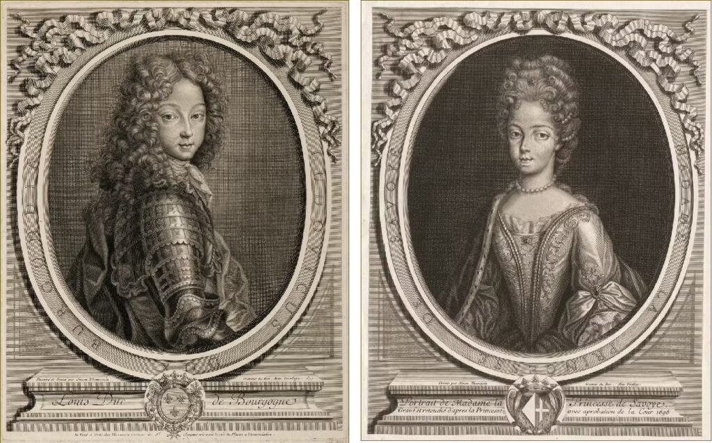 Estampes du duc de Bourgogne et de Marie-Adélaïde de Savoie, par Simon Thomassin (fin XVIIe siècle)