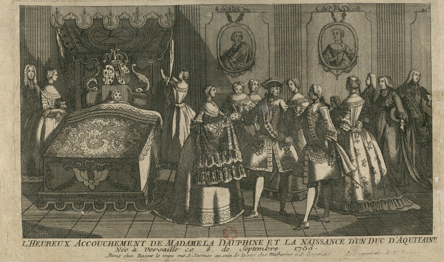 Gravure représentant "l'heureux accouchement de Madame la dauphine et la naissance du duc d'Aquitaine"