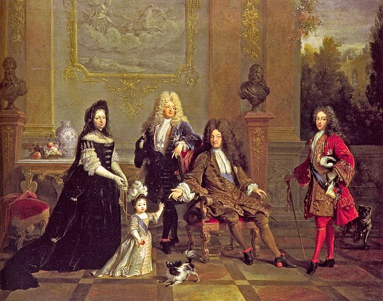 Louis XIV entouré du dauphin (son fils), du duc de Bourgogne (son petit-fils) et du duc de Bretagne (son arrière petit-fils), par Nicolas de Largillière (début XVIIIe siècle)