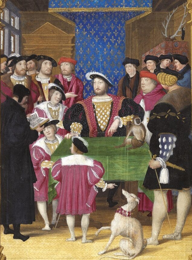 François Ier au milieu de sa cour, par Jean Clouet 1534) : le dauphin est à la droite du roi