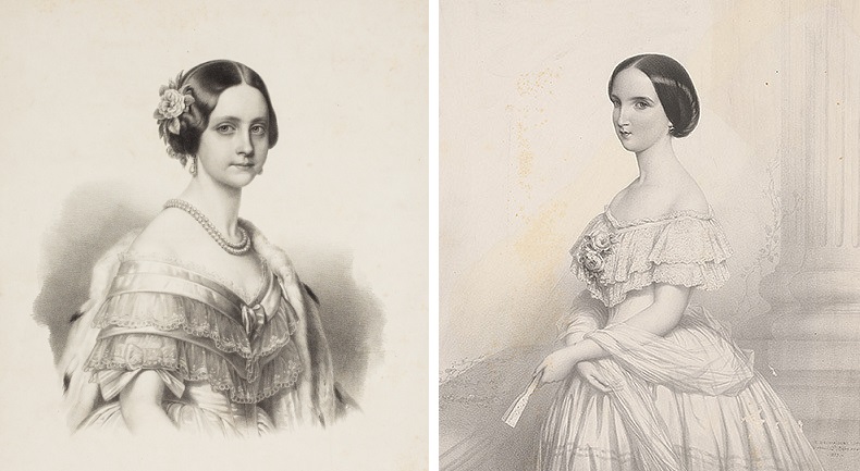 Gravure représentant Marie-Amélie de Bragance (à gauche) et Charlotte de Belgique (à droite)
