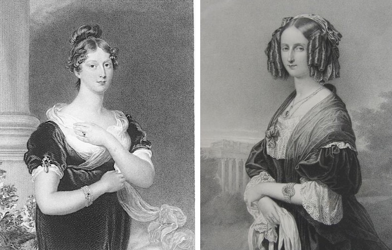 Gravure représentant Charlotte de Hanovre (à gauche) et Louise d'Orléans (à droite)