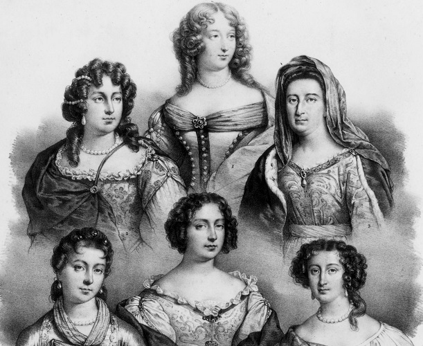 Gravure représentant les favorites de Louis XIV. En haut (g-d) : Mme de Montespan, Mlle de la Vallière et Mme de Maintenon. En bas (g-d) : Mme de Ludres, Mlle de Fontanges, Mlle Mancini