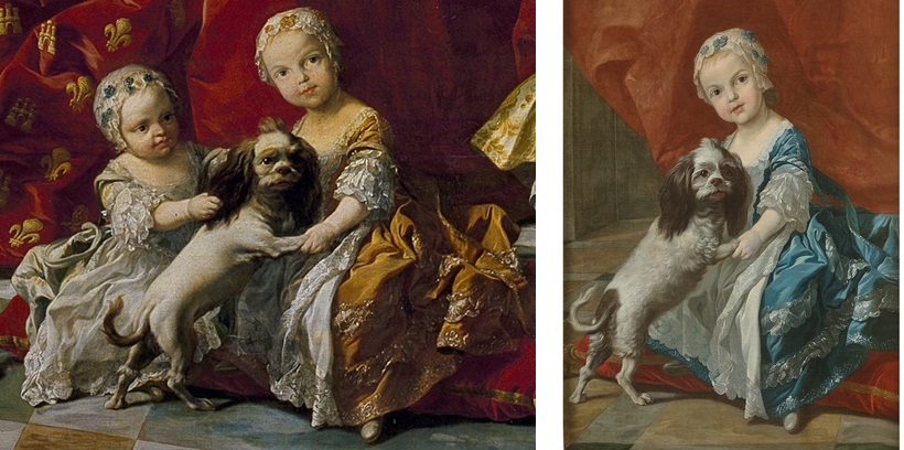 Isabelle de Bourbon et sa cousine Marie-Isabelle de Bourbon (1742-1749) par Louis Michel Van Loo (détail du tableau "La famille de Philippe V", 1743) et portrait de l'infante Isabelle, seule, par Louis Michel Van Loo (1743)