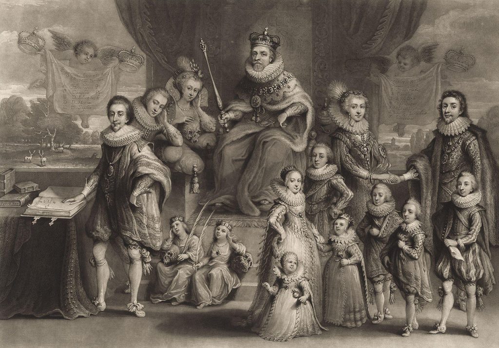 Jacques Ier et ses descendants (par Charles Turner, d'après Willem Van de Passe, 1814)