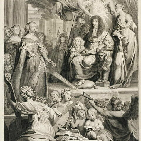 « Le triomphe du bonheur et de la gloire en France » (anonyme, 1667) : sur cette gravure, la reine apparaît enceinte