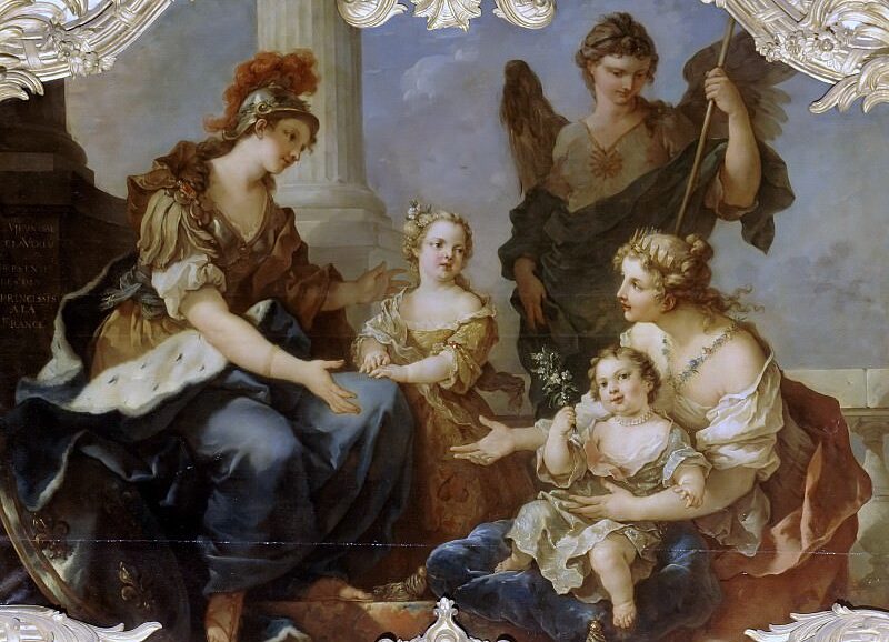 "La Jeunesse et la Vertu présentent les deux princesses à la France" par Charles-Joseph Natoire 1734) : Louise-Marie est debout, au centre du tableau