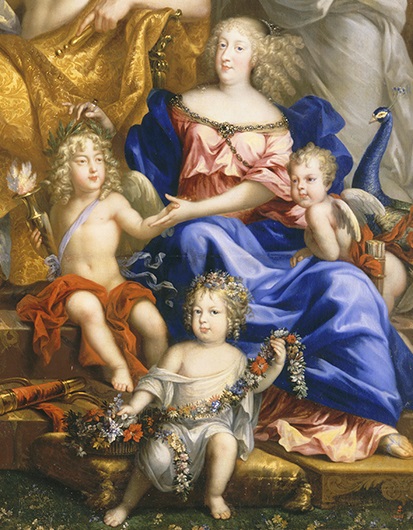 La reine et ses enfants : le dauphin, la Petite Madame et le duc d'Anjou (détail d'un tableau de Jean Nocret, 1670)