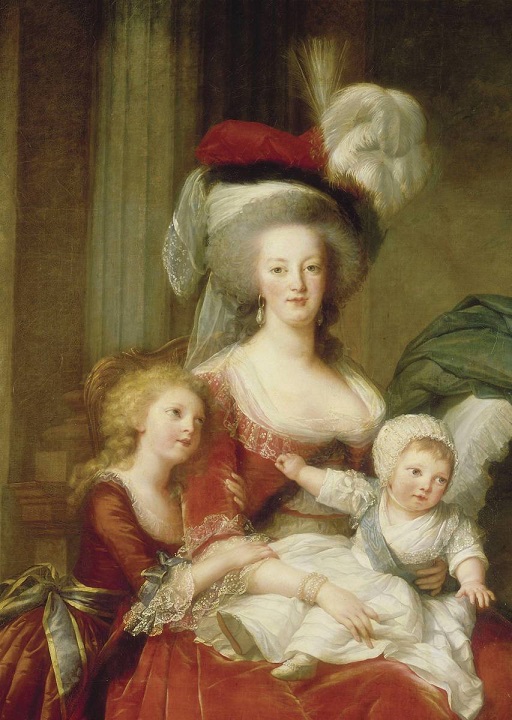 Marie-Antoinette et ses enfants (détail du tableau de Mme Vigée Lebrun) : le duc de Normandie est assis sur les genoux de la reine