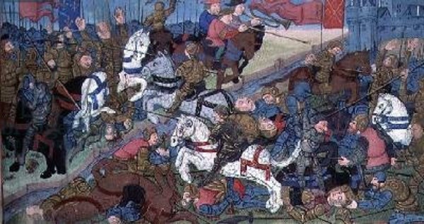 Affrontement entre Théodebert II et Thierry II, tiré des "Grandes Chroniques de France" (XVe siècle)