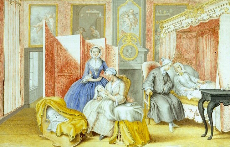"Les couches d'Isabelle" (1762), par l'archiduchesse Marie-Christine (l'artiste s'est représentée surveillant le bébé)