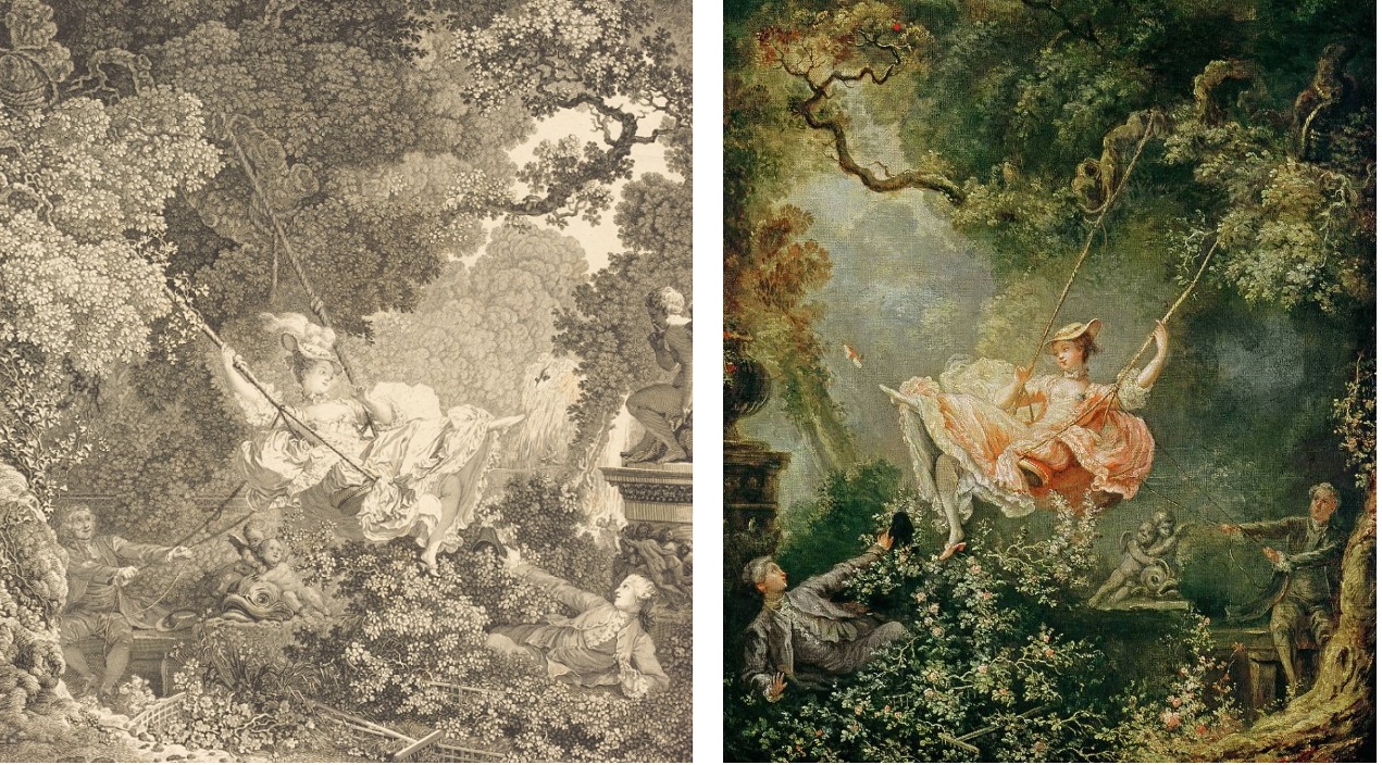 Deux variantes de "L'Escarpolette" : gravure de Nicolas de Launay, 1782 (musée du Louvre, Paris) et peinture de l'atelier de Fragonard, XVIIIe siècle (musée Lambinet, Versailles)