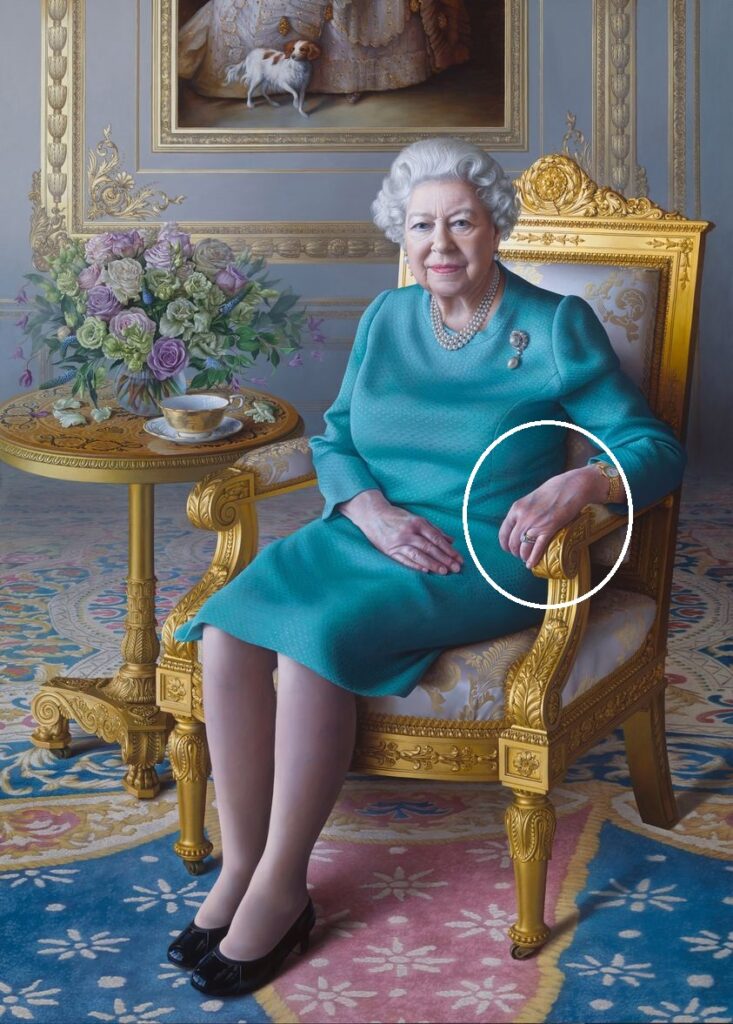 Portrait d'Elizabeth II réalisé en 2020 par Miriam Escofet, où l'on peut remarquer sa bague de fiançailles