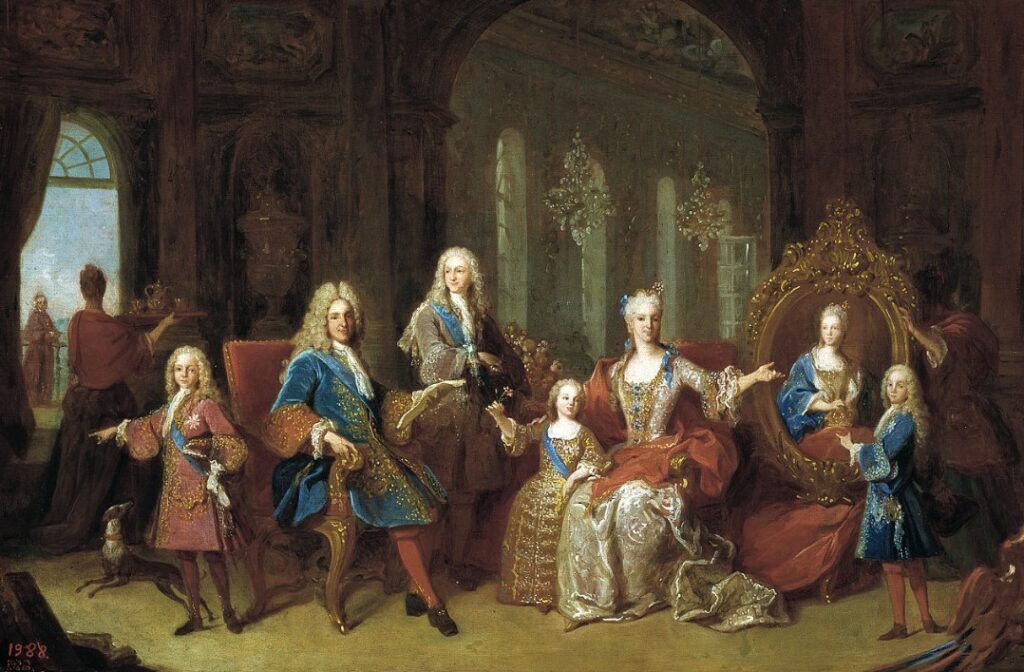 La famille royale, par Jean Ranc (1723). De gauche à droite : l'infant Ferdinand, Philippe V, le prince des Asturies, l'infant Philippe, Elisabeth Farnèse et l'infant Charles. Dans le portrait : Marie-Anne-Victoire, alors fiancée à Louis XV
