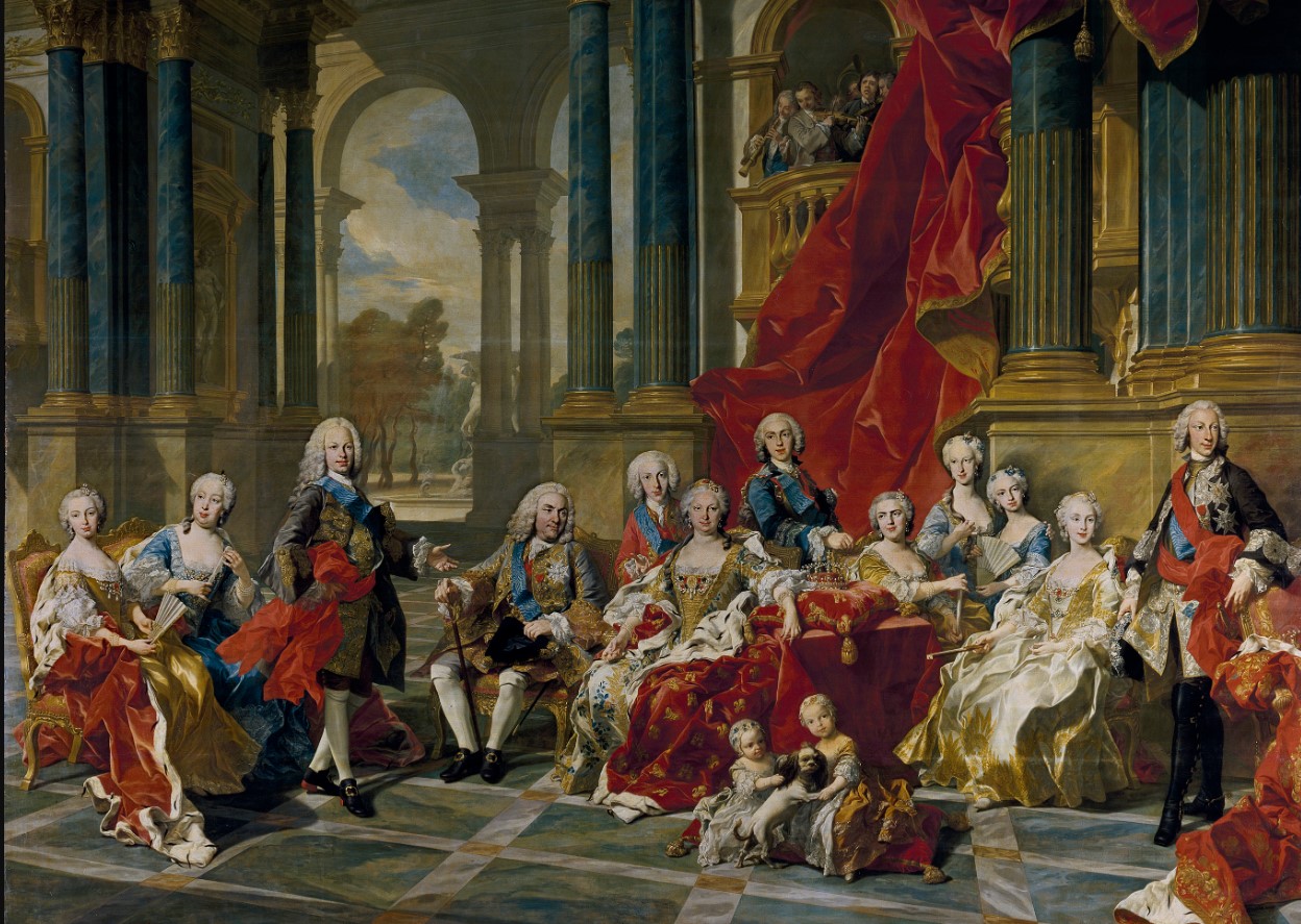 La famille de Philippe V, par Van Loo (1743). De gauche à droite : Marie-Anne-Victoire, Marie-Barbe de Bragance (épouse de Ferdinand VI), le futur Ferdinand VI, Philippe V, Louis-Antoine, Élisabeth Farnèse, Philippe (duc de Parme), son épouse Élisabeth de France, Marie-Thérèse-Raphaëlle, Marie-Antoinette, Marie-Amélie de Saxe (épouse de Charles III) et le futur Charles III. Au premier plan, les deux petites-filles de Philippe V, jouant avec un carlin : à gauche Marie-Isabelle (fille de Charles III), à droite Isabelle de Bourbon-Parme (fille du duc de Parme).